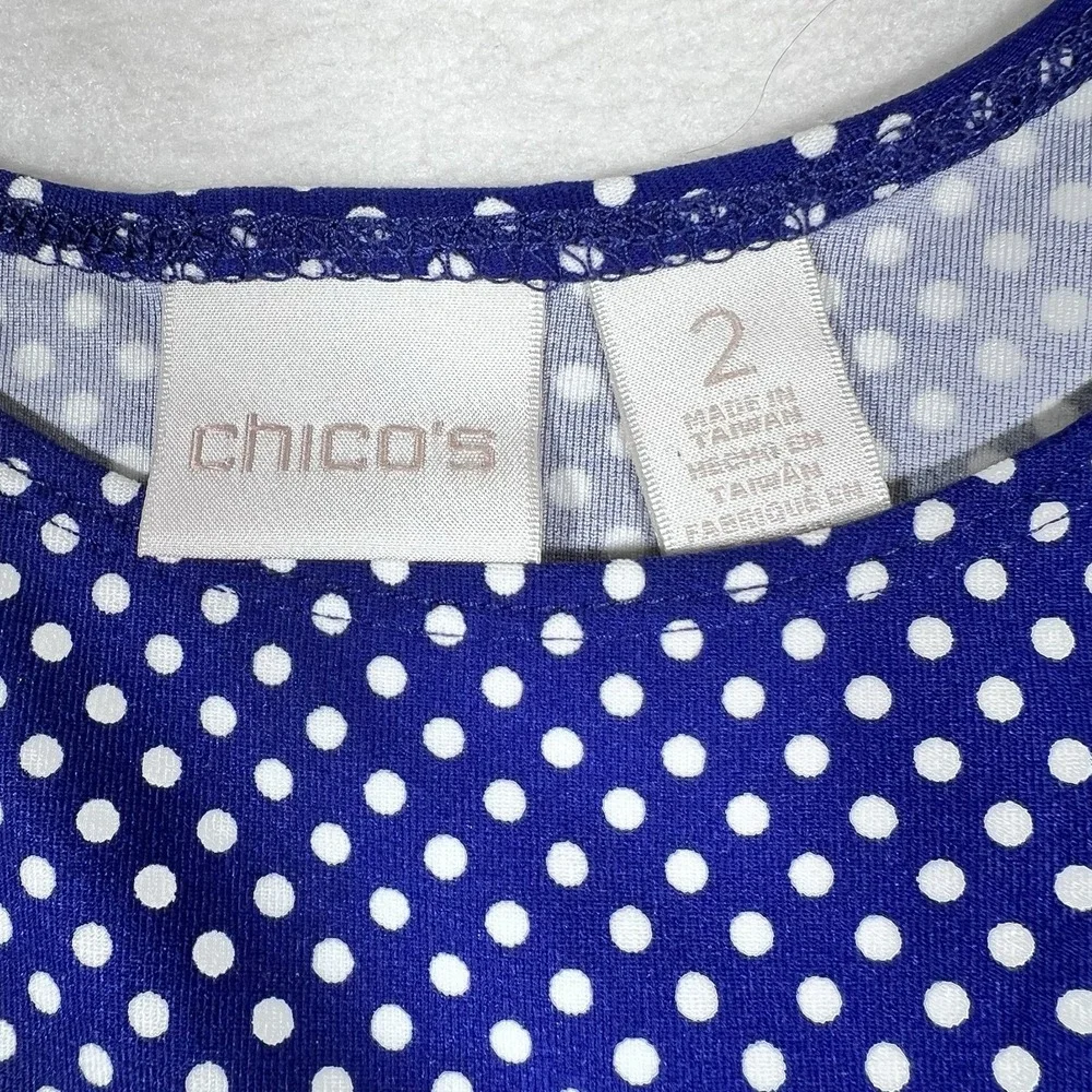 CHICO'S Sz 2=12/14 Large Tank Top Shirt Blouse Blue White Polka Dots Nylon - Picture 2 of 7